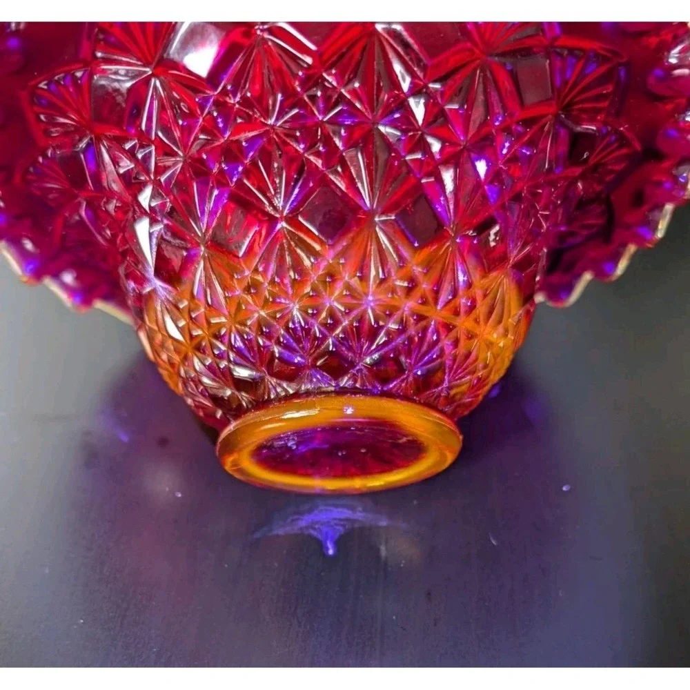 Vintage FENTON AMBERINA‎ RED RUFFLED DIAMOND BASKET
